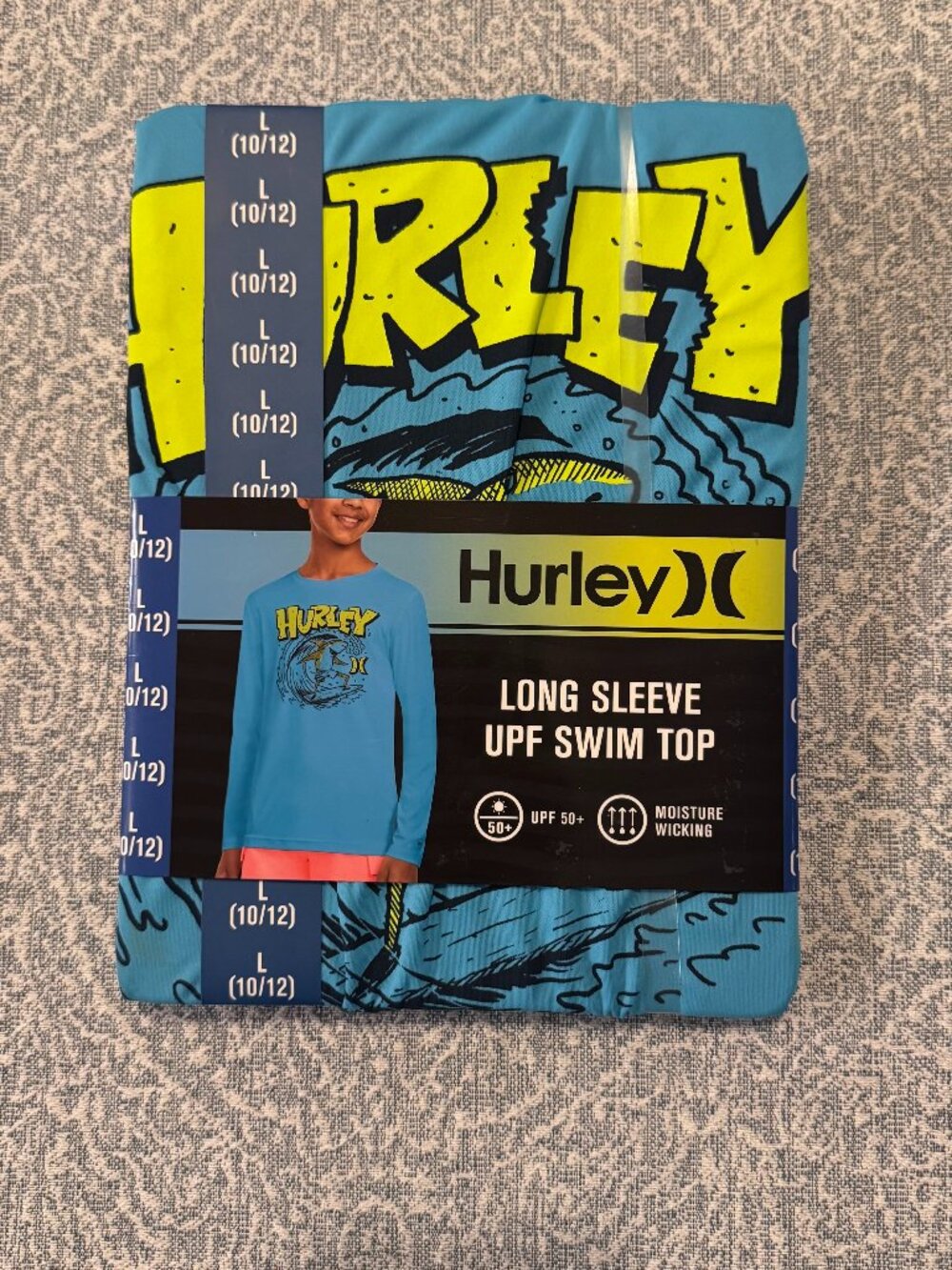Hurley Boys Long Sleeve UPF Swim Shirt Baltic Blue – Size L (10/12) NWT
